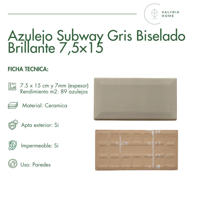 Azulejo Subway Gris Claro Biselado Brillante 7,5x15 - Imagen 6